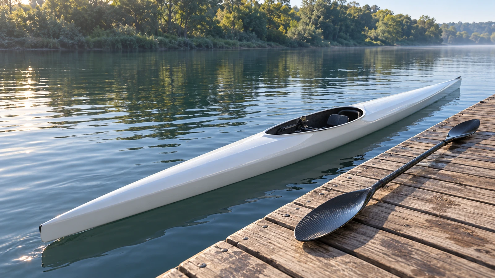Ilustración generada con IA de un kayak K1 de sprint junto a un pantalán, con una pala doble tipo wing sobre la madera.